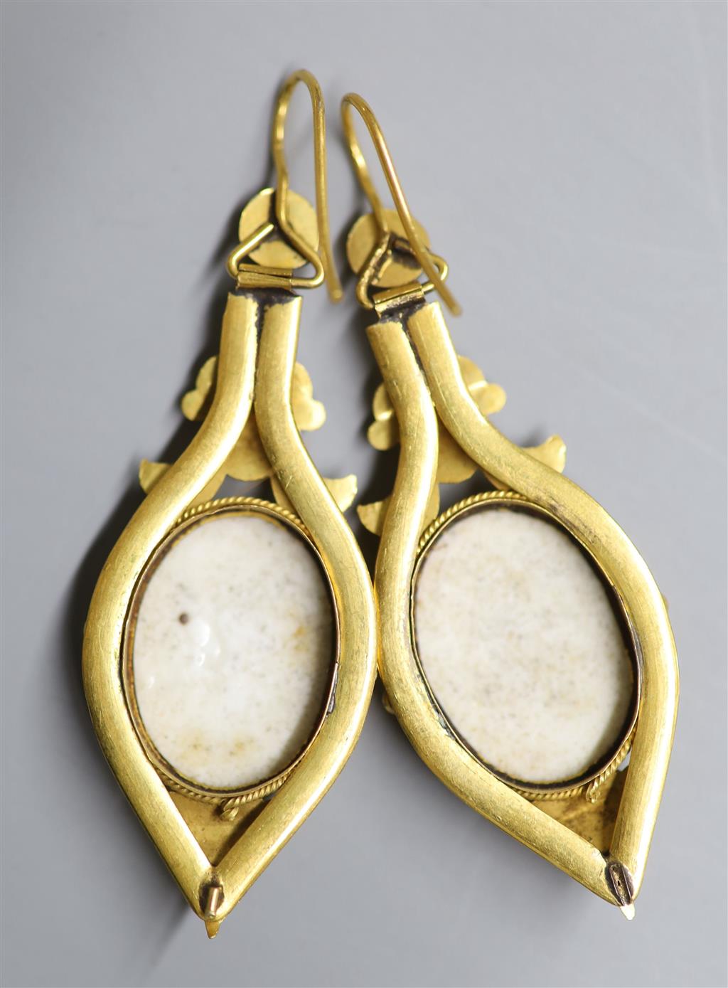 A pair of Victorian style? yellow metal and inset porcelain plaque drop earrings, 52mm, gross 8.4 grams,